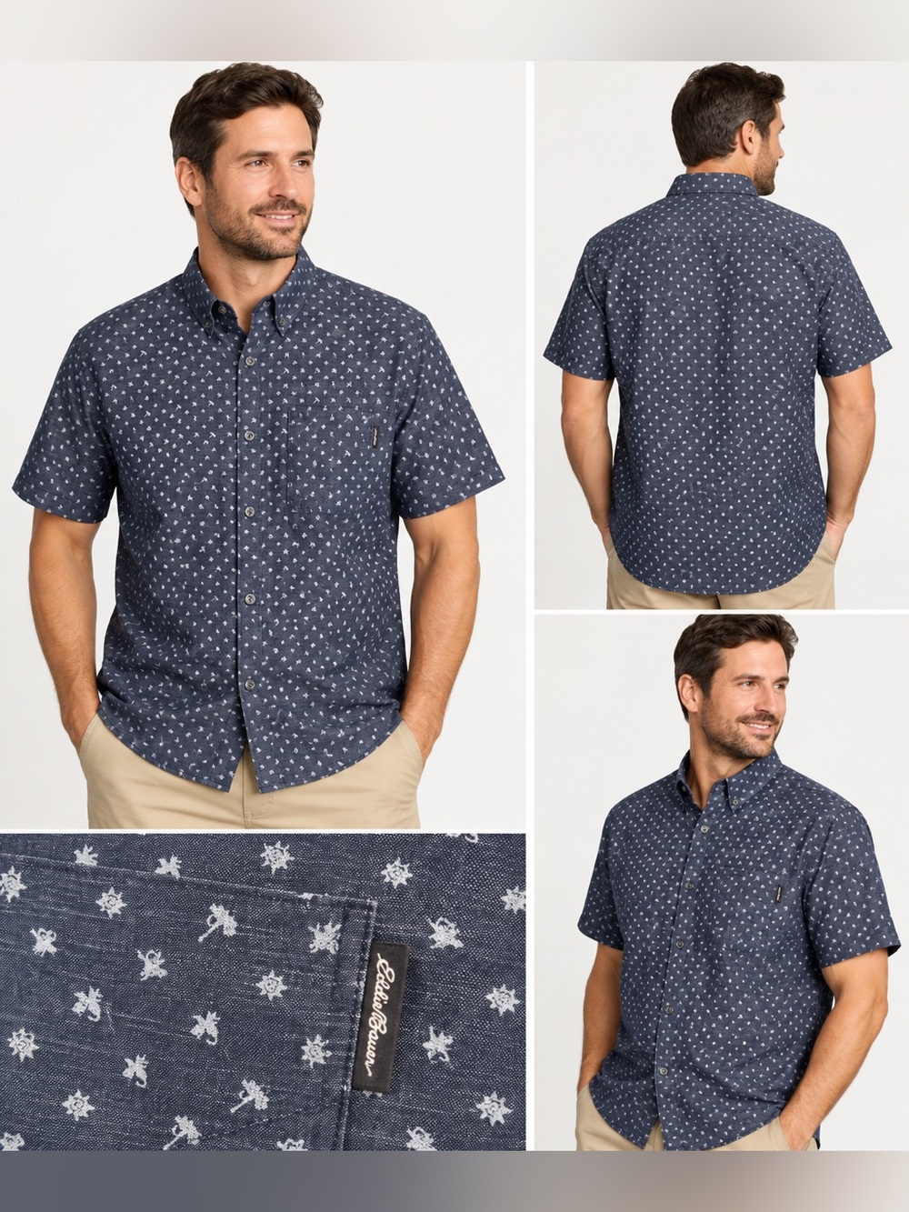 Eddie Bauer Men’s Large Classic Fit Navy Print Short Sleeve Button Down Shirt